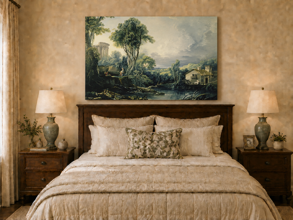 Landscape Oil Painting - Classical Ruins and River Cottage Scene