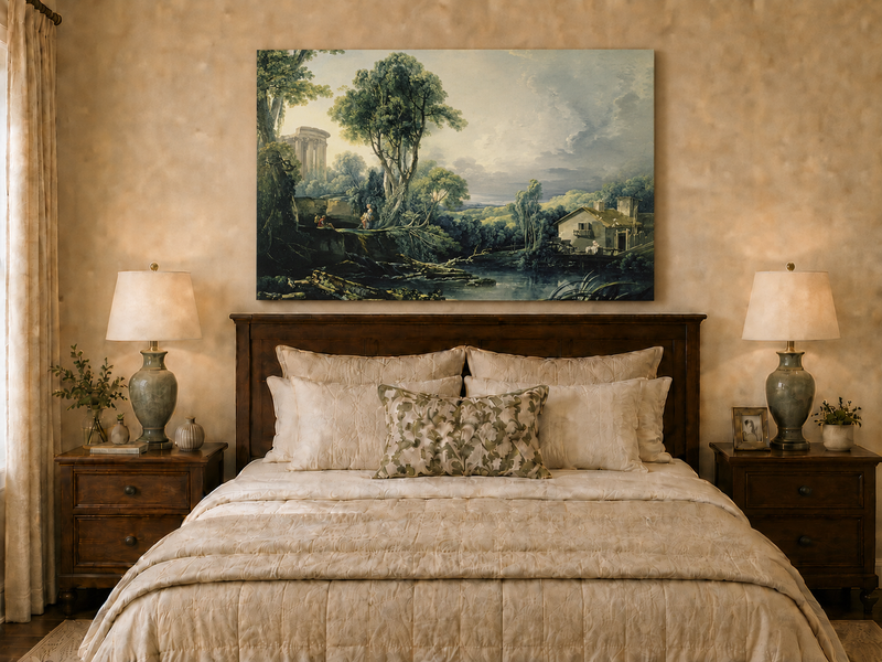 Landscape Oil Painting - Classical Ruins and River Cottage Scene