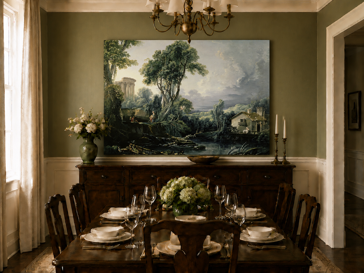 Landscape Oil Painting - Classical Ruins and River Cottage Scene