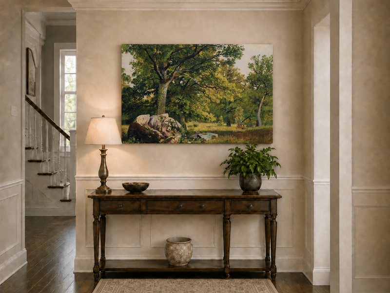 Peinture à l'huile de paysage - Gouffre rocheux spectaculaire avec personnages
