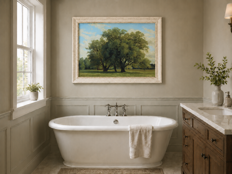 Landscape Oil Painting - Green Meadow with Majestic Trees