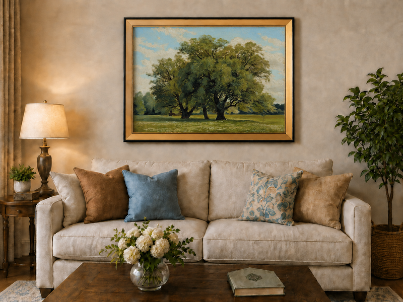 Landscape Oil Painting - Green Meadow with Majestic Trees