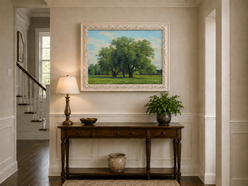 Landscape Oil Painting - Green Meadow with Majestic Trees