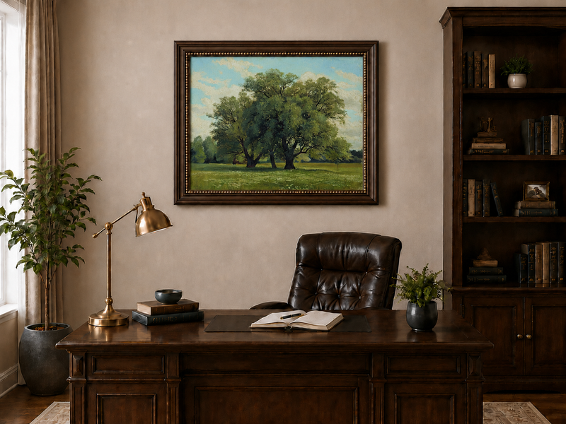 Landscape Oil Painting - Green Meadow with Majestic Trees