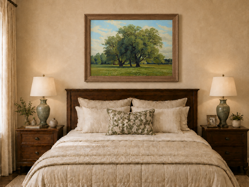 Landscape Oil Painting - Green Meadow with Majestic Trees