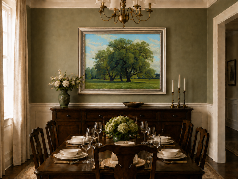 Landscape Oil Painting - Green Meadow with Majestic Trees