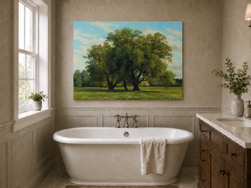 Landscape Oil Painting - Green Meadow with Majestic Trees