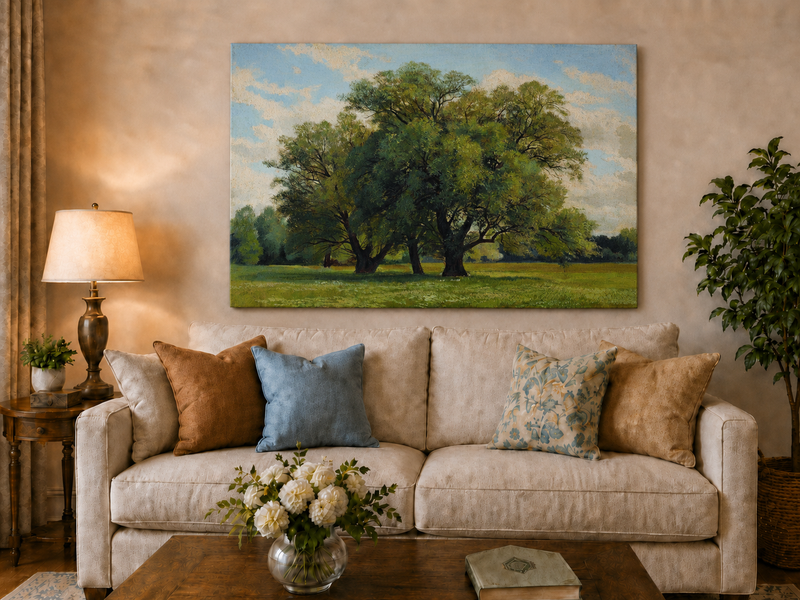 Landscape Oil Painting - Green Meadow with Majestic Trees