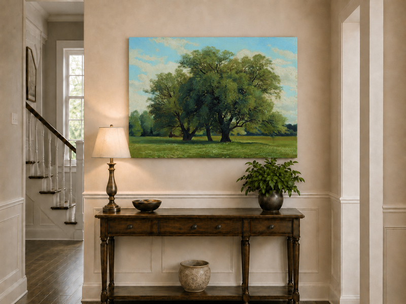Landscape Oil Painting - Green Meadow with Majestic Trees