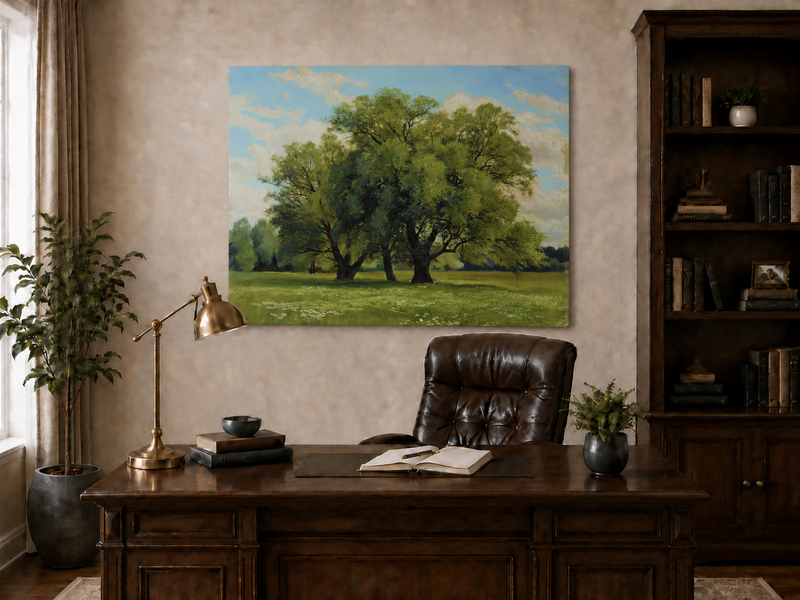 Landscape Oil Painting - Green Meadow with Majestic Trees