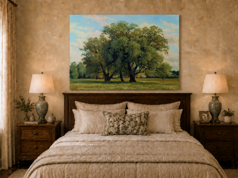 Landscape Oil Painting - Green Meadow with Majestic Trees