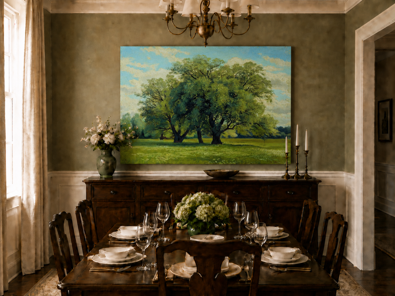 Landscape Oil Painting - Green Meadow with Majestic Trees