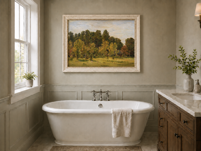 Landscape Oil Painting - Sunlit Woodland Meadow with Cottage