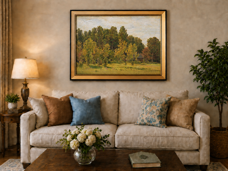 Landscape Oil Painting - Sunlit Woodland Meadow with Cottage