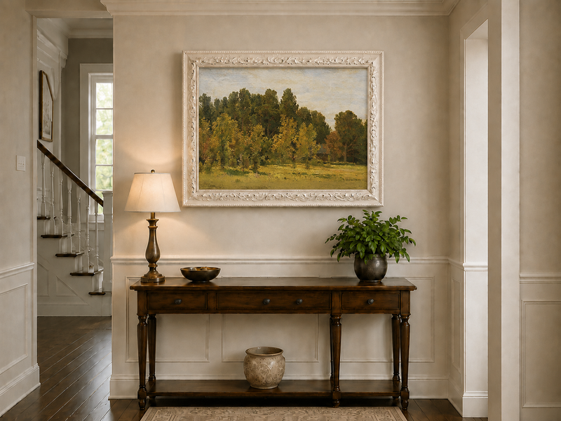 Landscape Oil Painting - Sunlit Woodland Meadow with Cottage