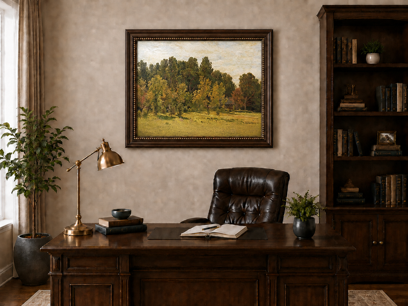 Landscape Oil Painting - Sunlit Woodland Meadow with Cottage