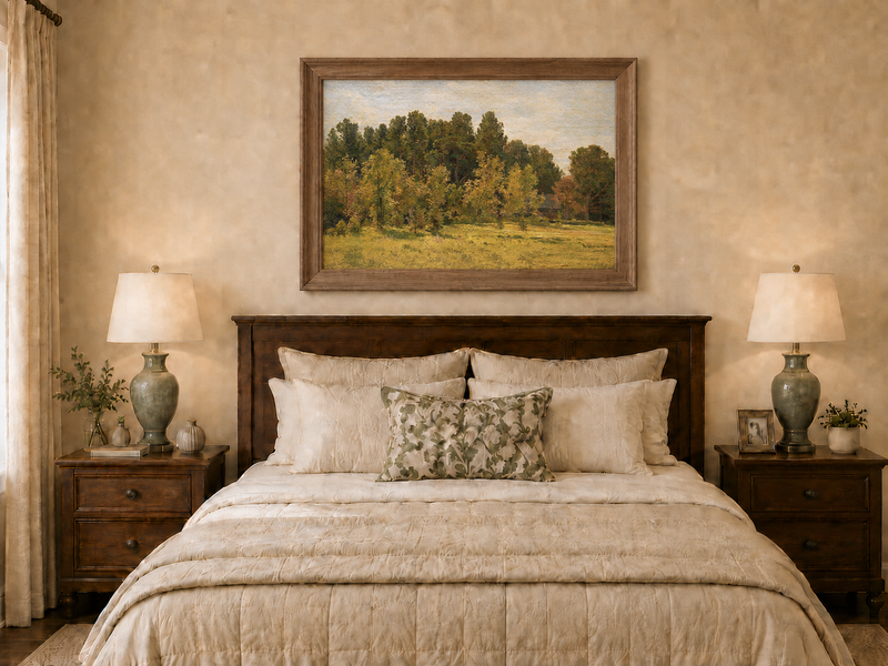 Landscape Oil Painting - Sunlit Woodland Meadow with Cottage
