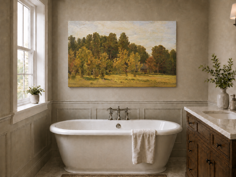 Landscape Oil Painting - Sunlit Woodland Meadow with Cottage