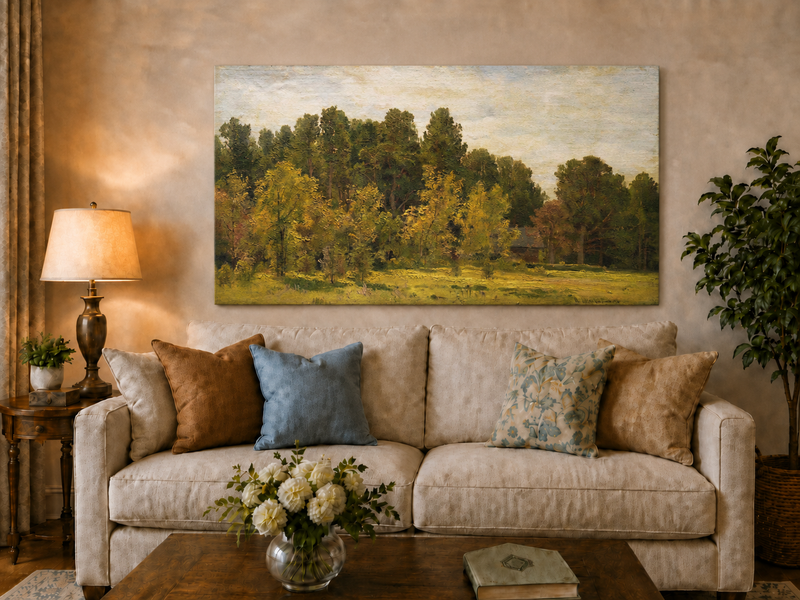 Landscape Oil Painting - Sunlit Woodland Meadow with Cottage