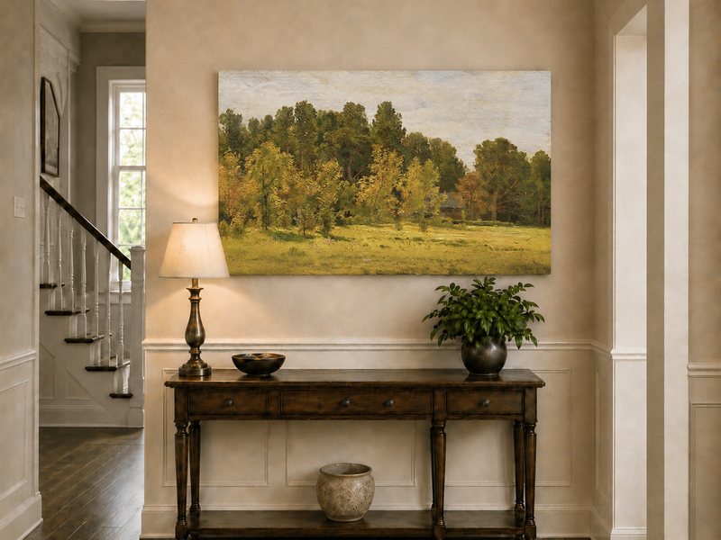 Landscape Oil Painting - Sunlit Woodland Meadow with Cottage