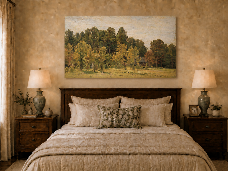 Landscape Oil Painting - Sunlit Woodland Meadow with Cottage