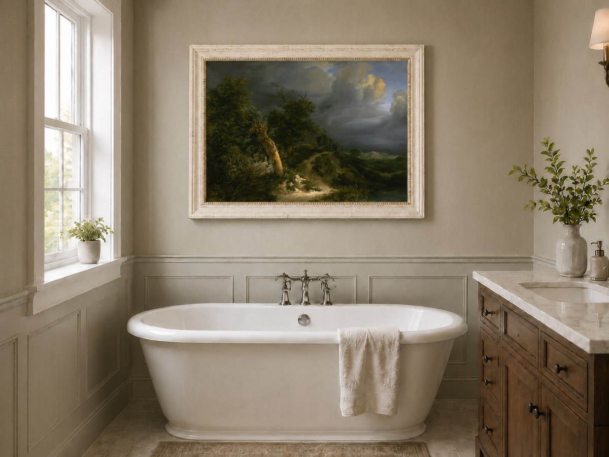 Landscape Oil Painting - Stormy Landscape Trees & Waterbody