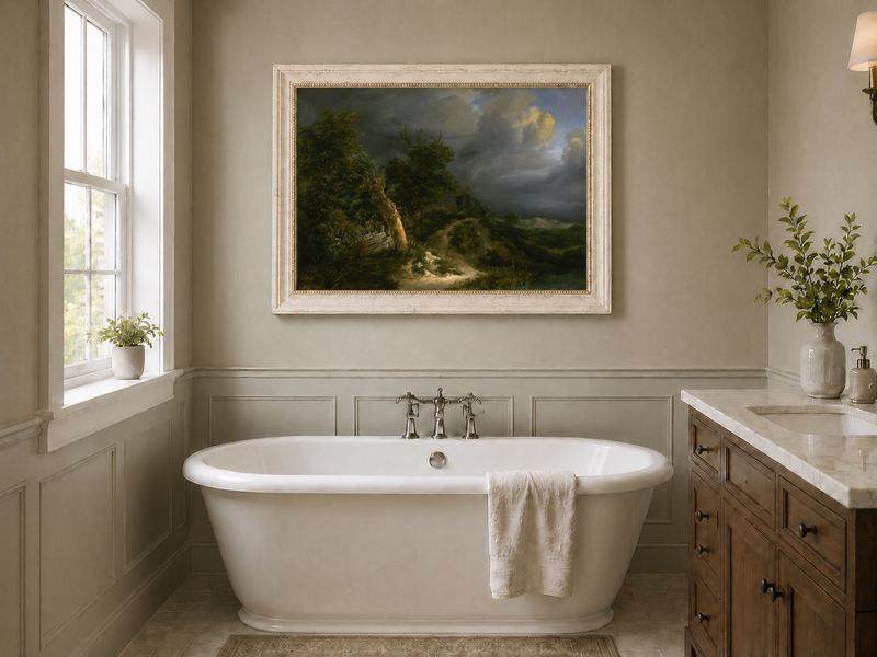 Landscape Oil Painting - Stormy Landscape Trees & Waterbody