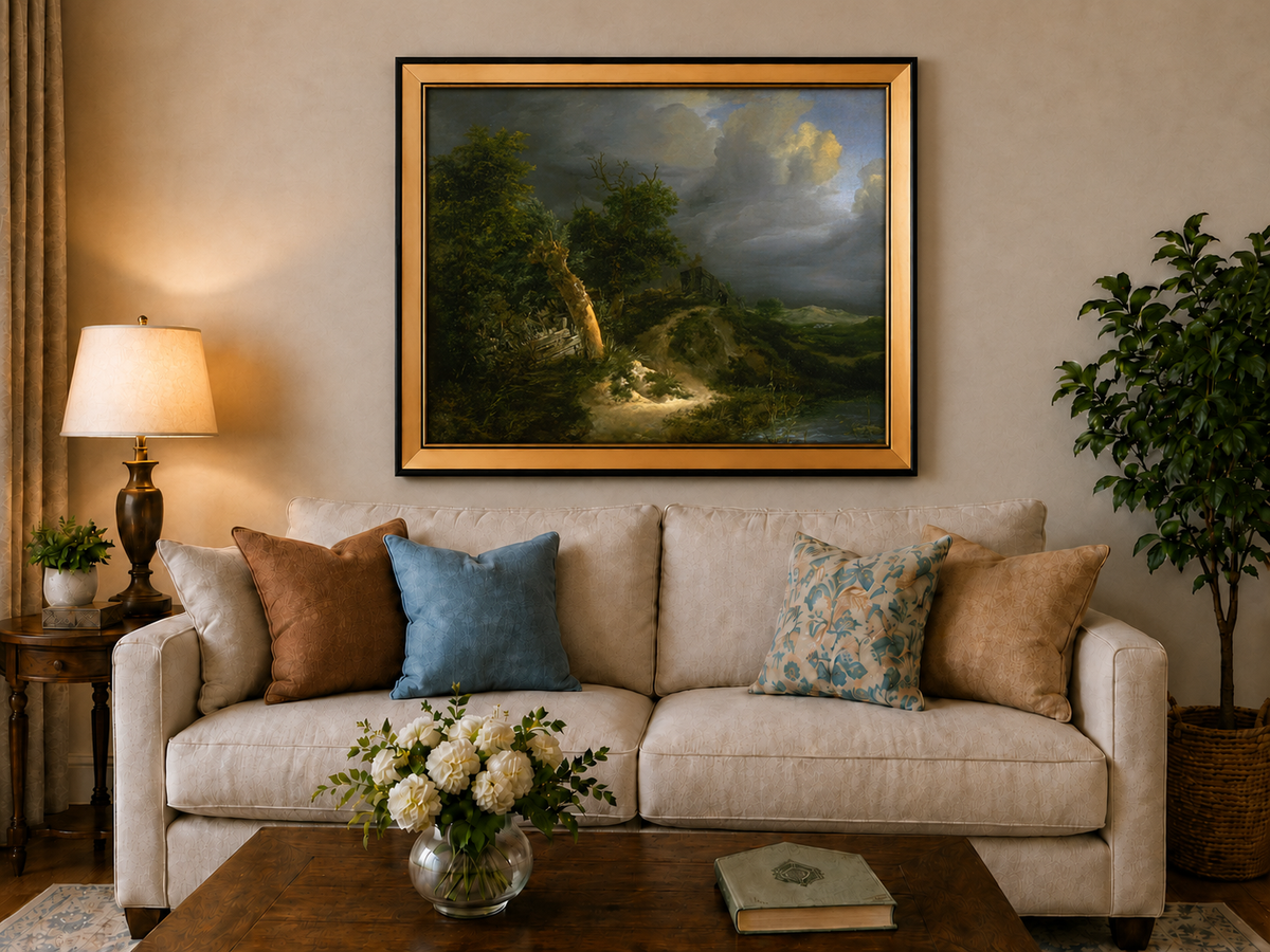 Landscape Oil Painting - Stormy Landscape Trees & Waterbody
