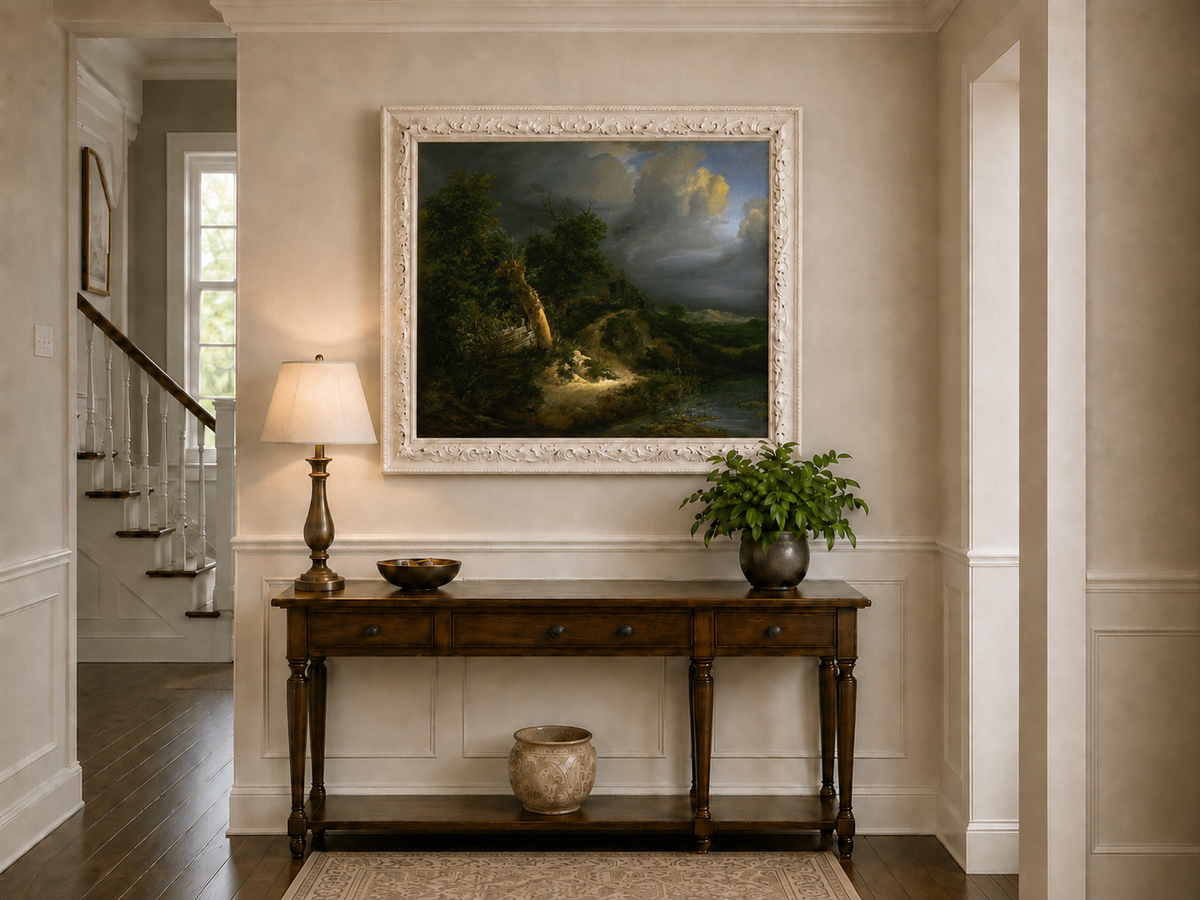 Landscape Oil Painting - Stormy Landscape Trees & Waterbody