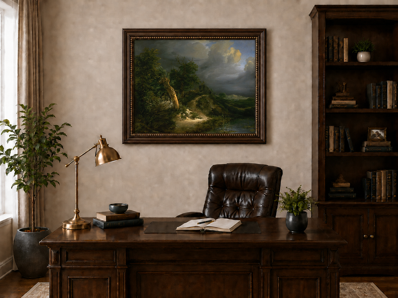 Landscape Oil Painting - Stormy Landscape Trees & Waterbody