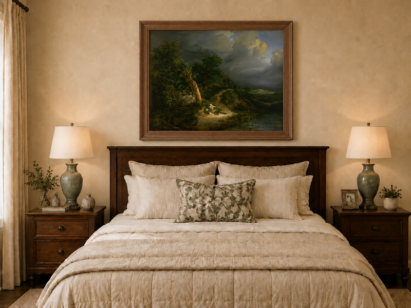 Landscape Oil Painting - Stormy Landscape Trees & Waterbody