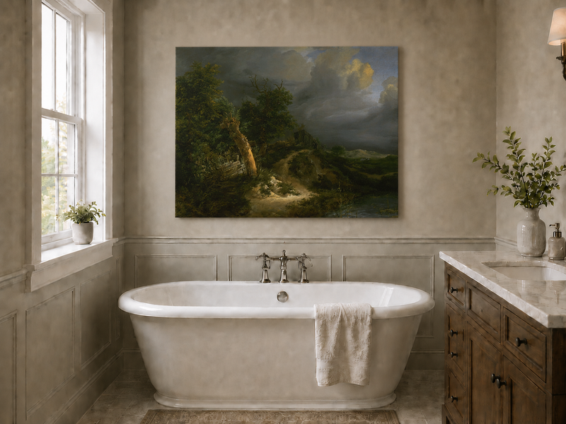Landscape Oil Painting - Stormy Landscape Trees & Waterbody
