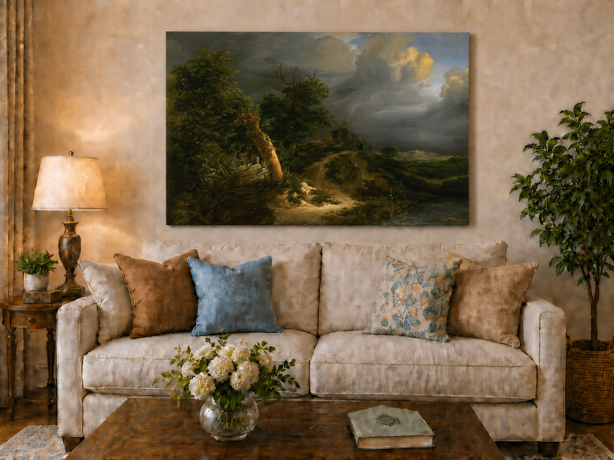 Landscape Oil Painting - Stormy Landscape Trees & Waterbody