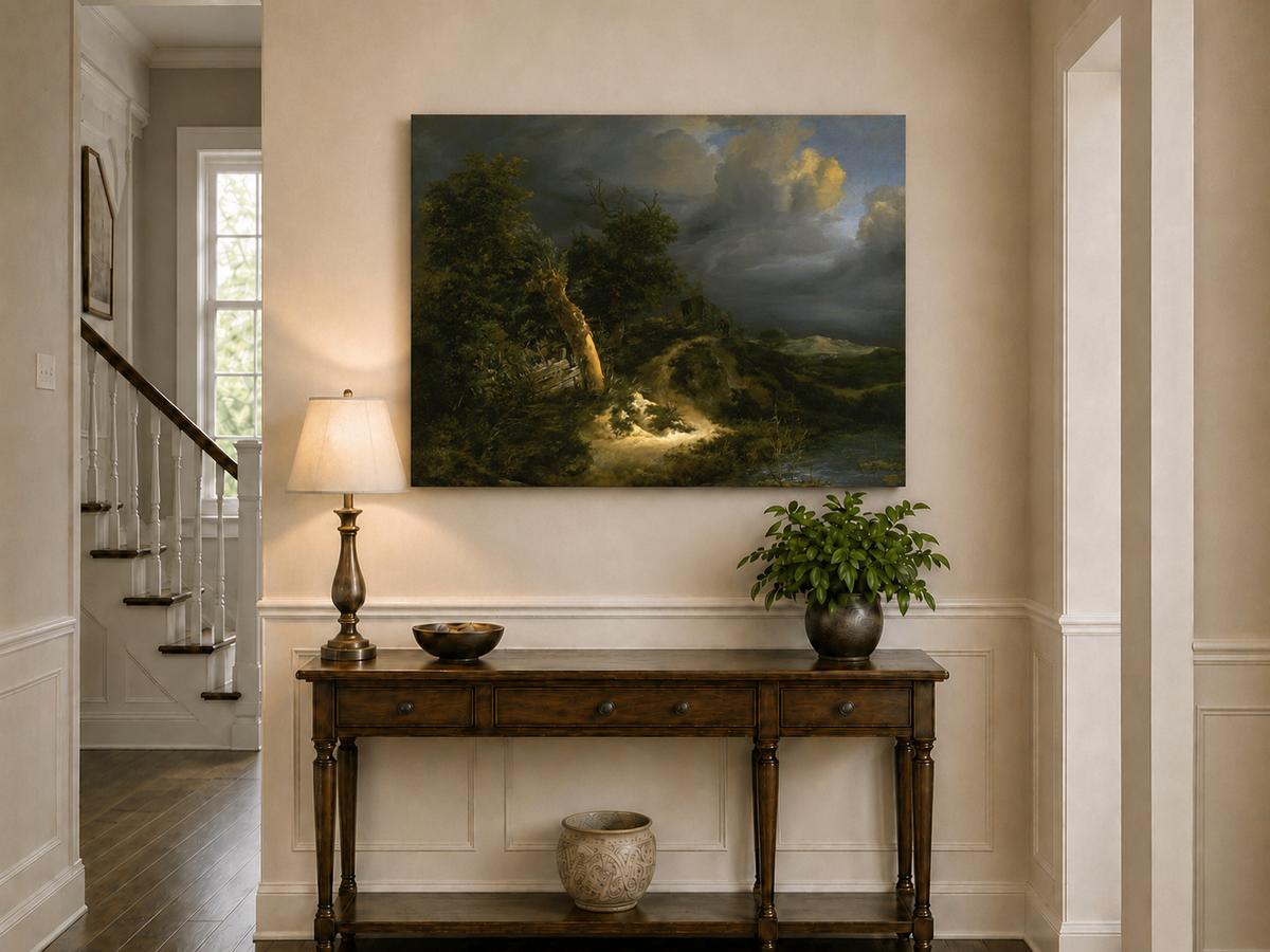 Landscape Oil Painting - Stormy Landscape Trees & Waterbody