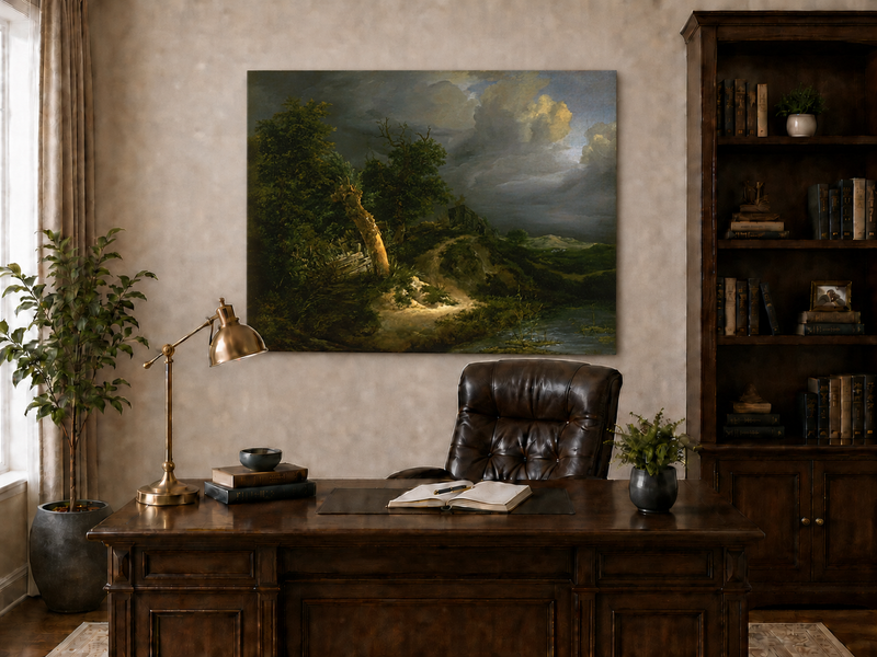Landscape Oil Painting - Stormy Landscape Trees & Waterbody