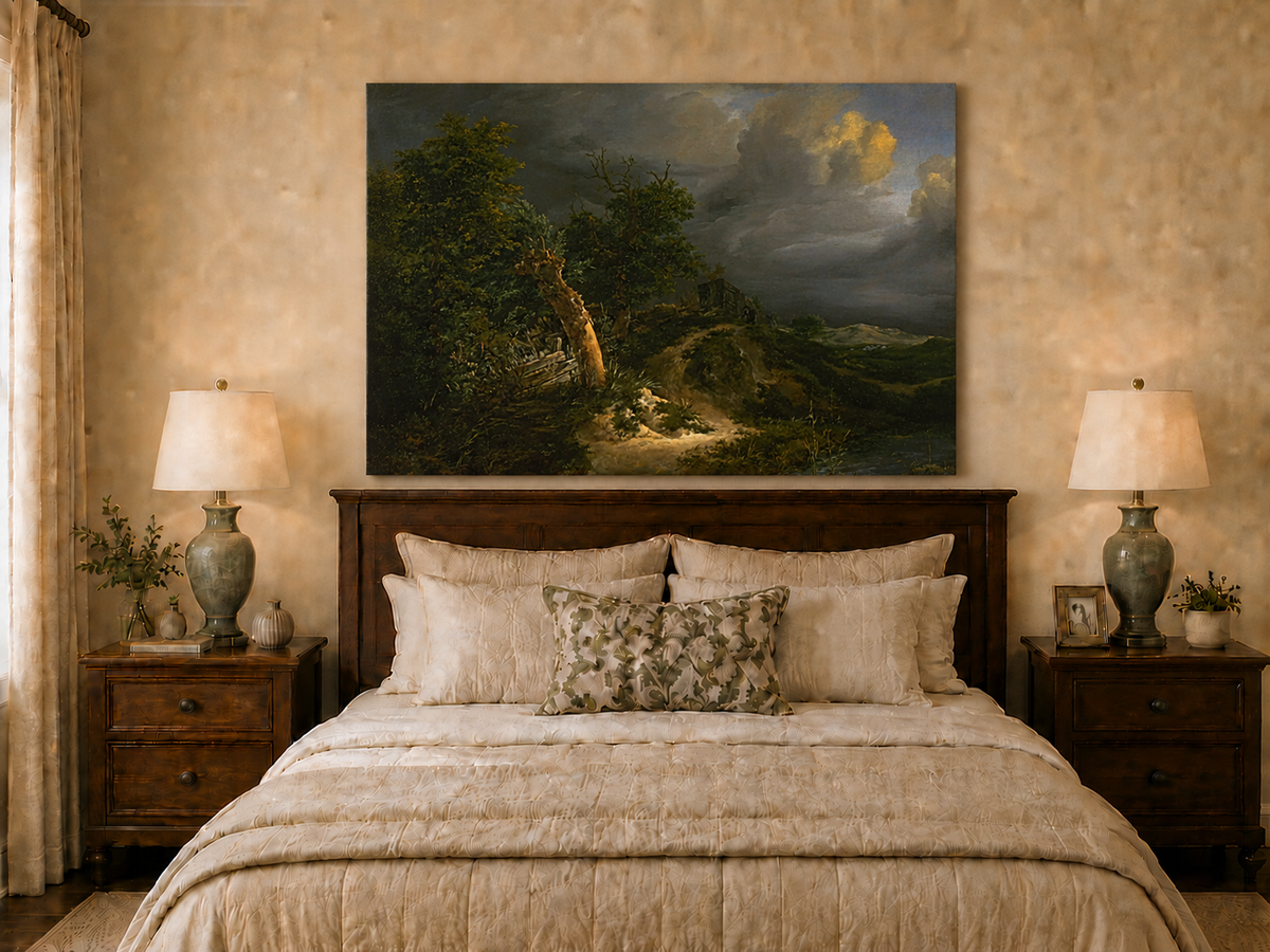 Landscape Oil Painting - Stormy Landscape Trees & Waterbody