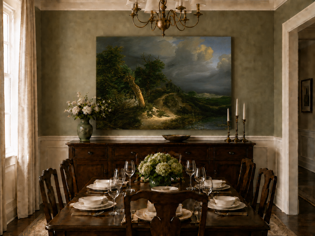 Landscape Oil Painting - Stormy Landscape Trees & Waterbody
