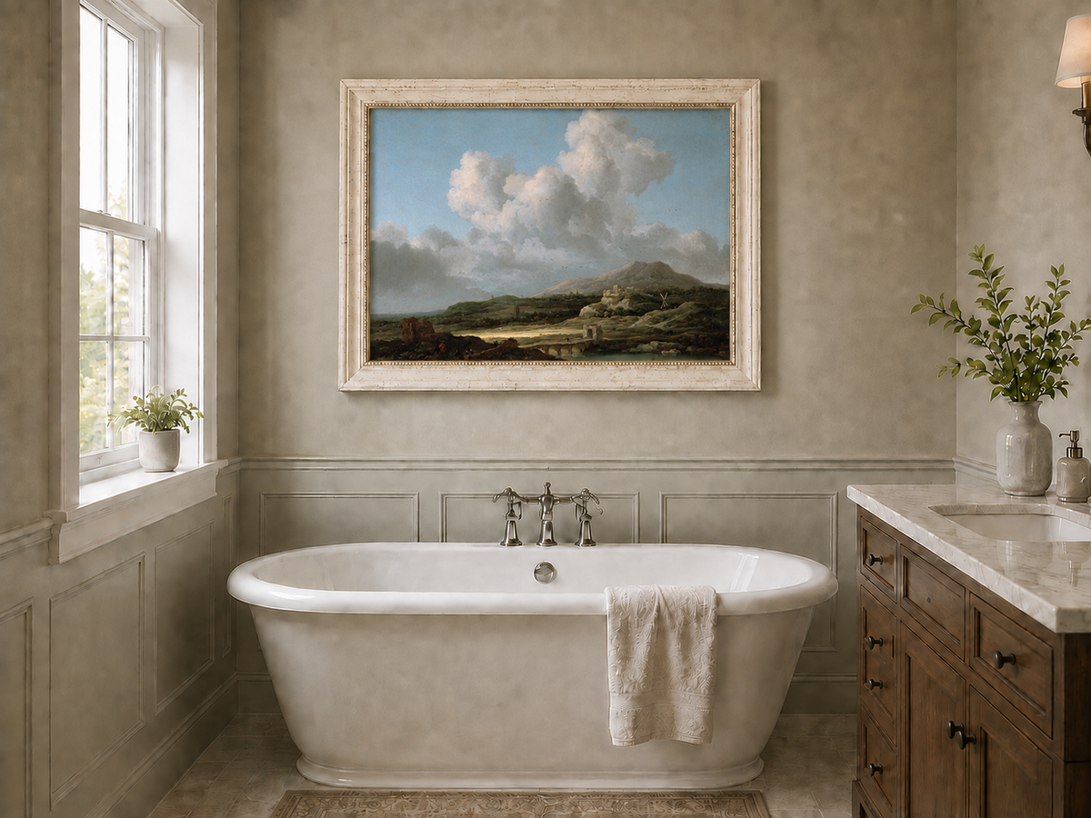 Landscape Oil Painting - River Valley Mountains & Cloudy Sky