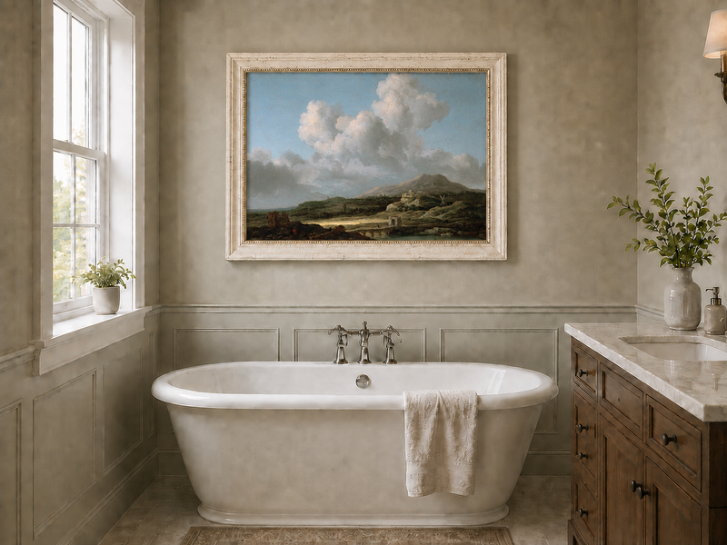 Landscape Oil Painting - River Valley Mountains & Cloudy Sky