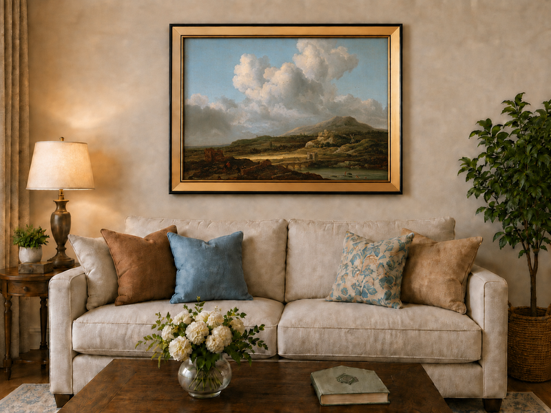 Landscape Oil Painting - River Valley Mountains & Cloudy Sky