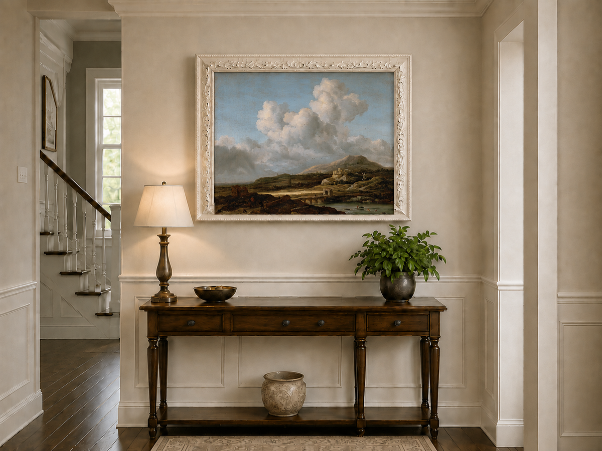 Landscape Oil Painting - River Valley Mountains & Cloudy Sky