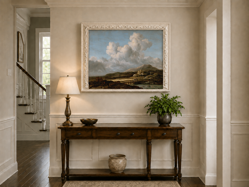 Landscape Oil Painting - River Valley Mountains & Cloudy Sky