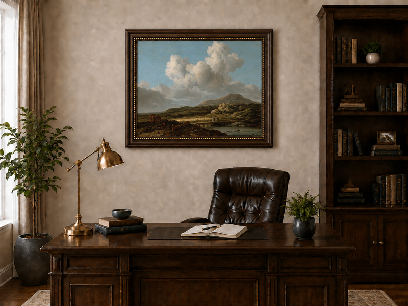 Landscape Oil Painting - River Valley Mountains & Cloudy Sky