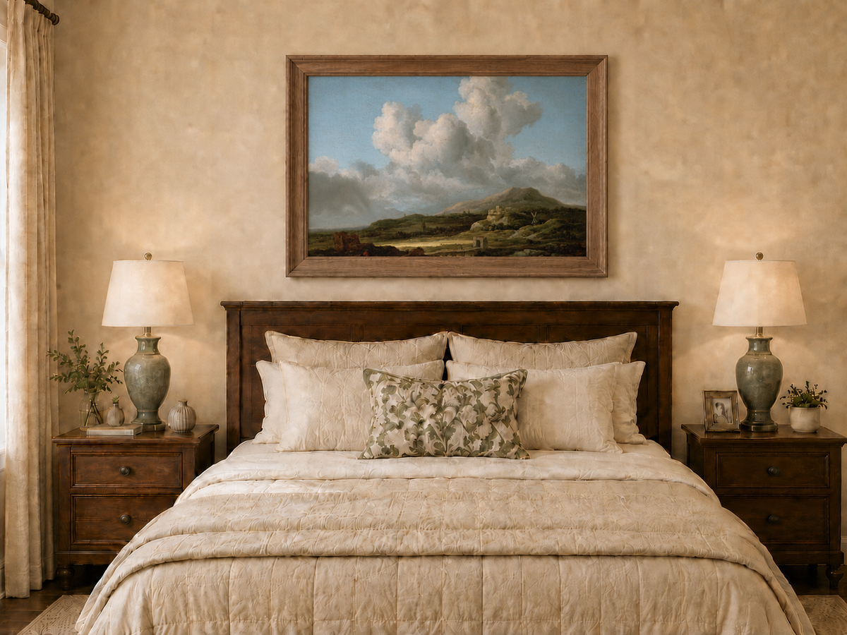 Landscape Oil Painting - River Valley Mountains & Cloudy Sky