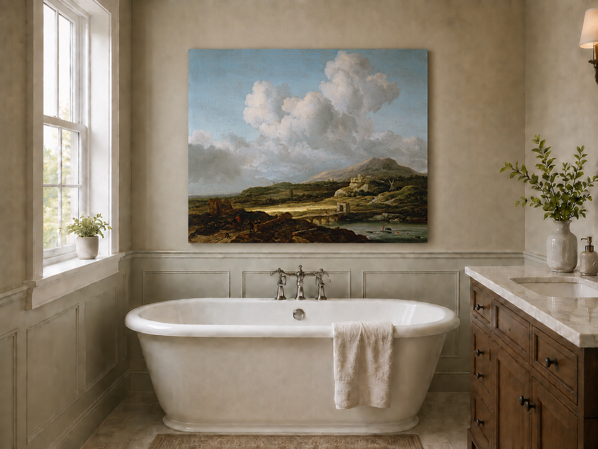 Landscape Oil Painting - River Valley Mountains & Cloudy Sky
