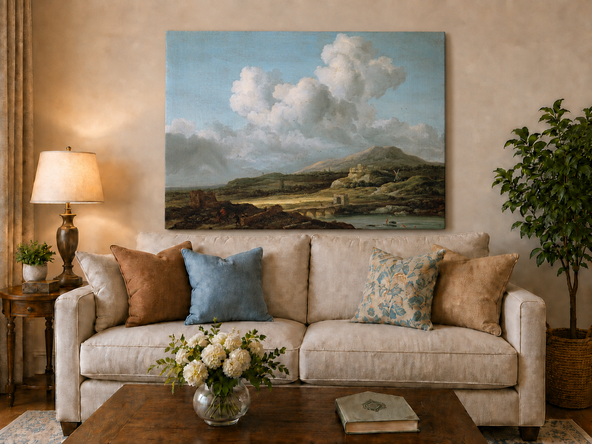 Landscape Oil Painting - River Valley Mountains & Cloudy Sky