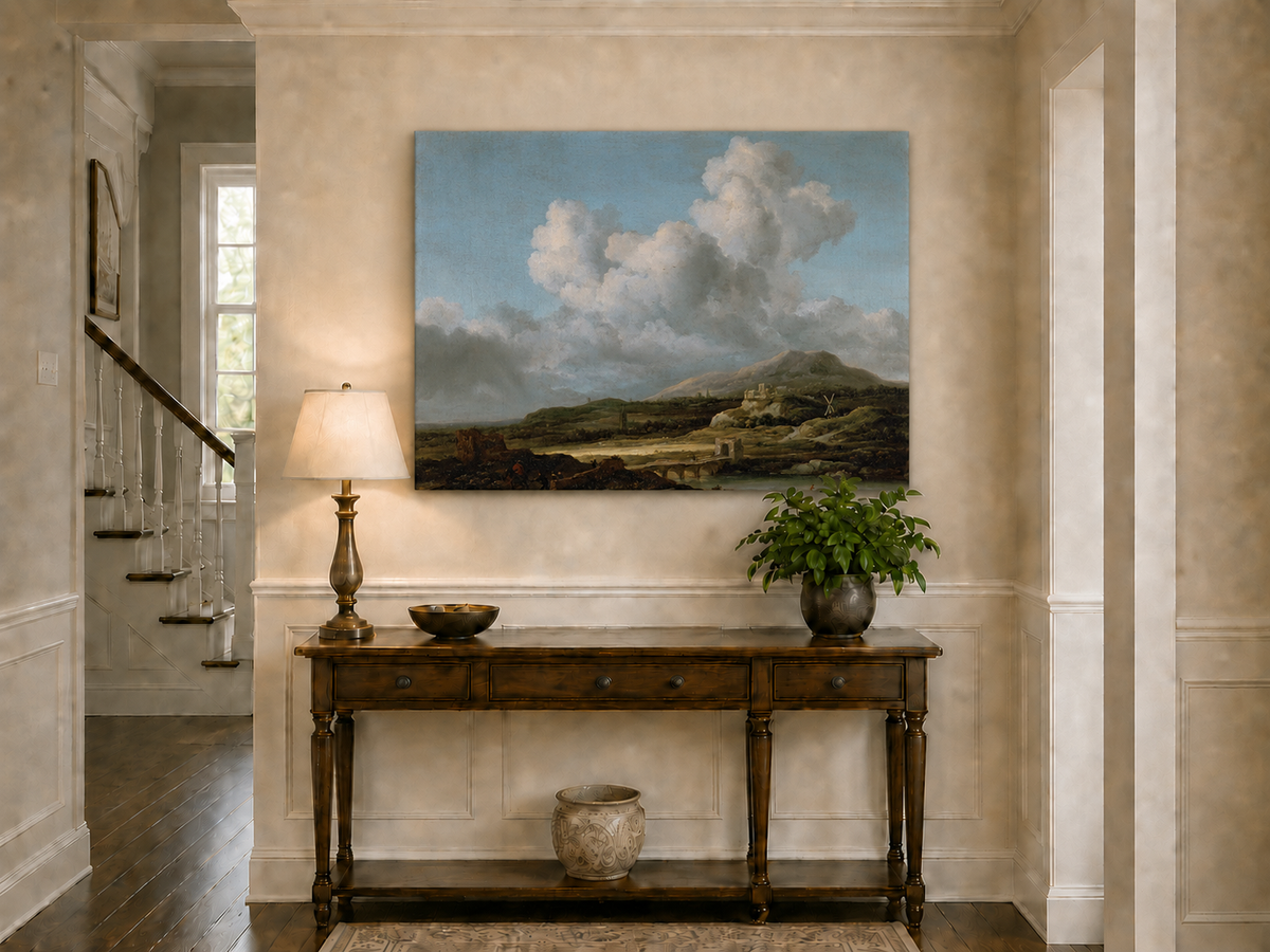 Landscape Oil Painting - River Valley Mountains & Cloudy Sky