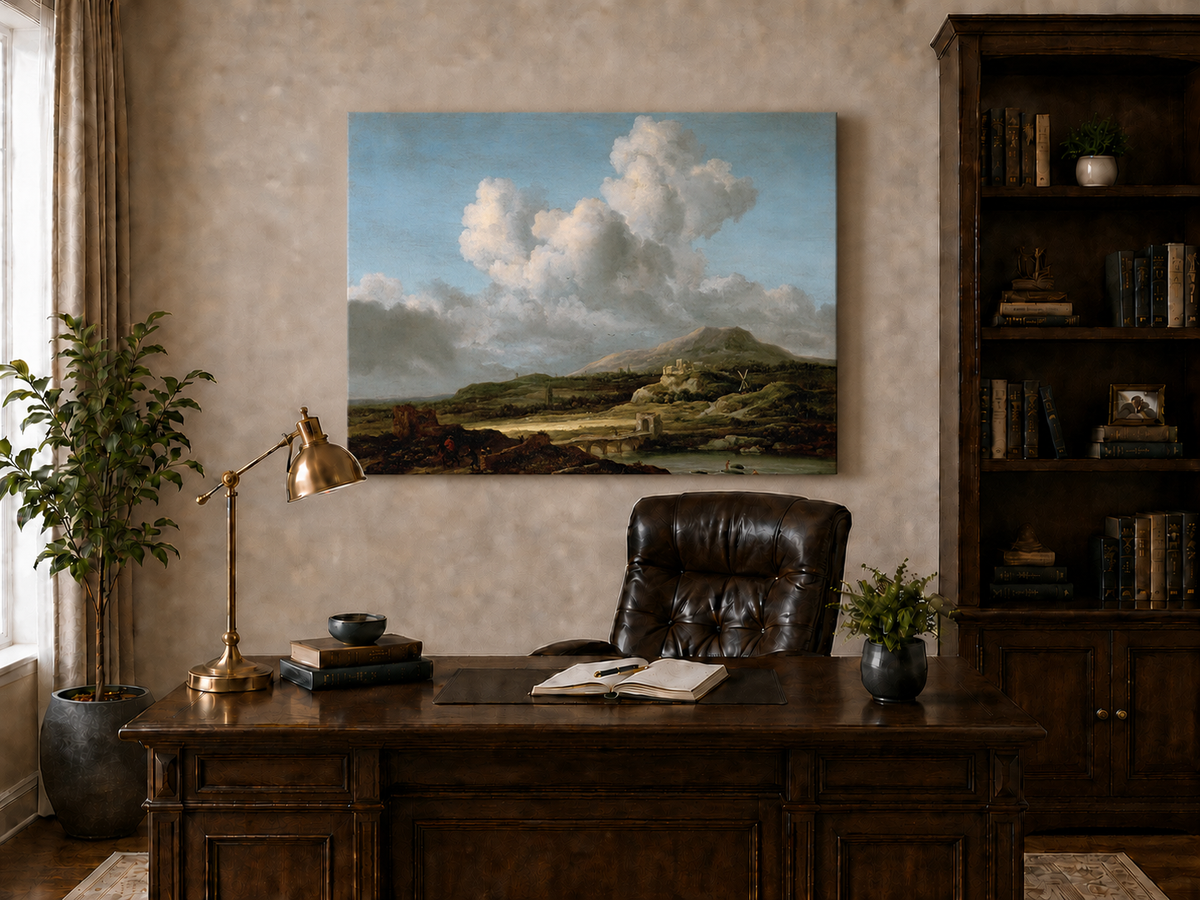 Landscape Oil Painting - River Valley Mountains & Cloudy Sky