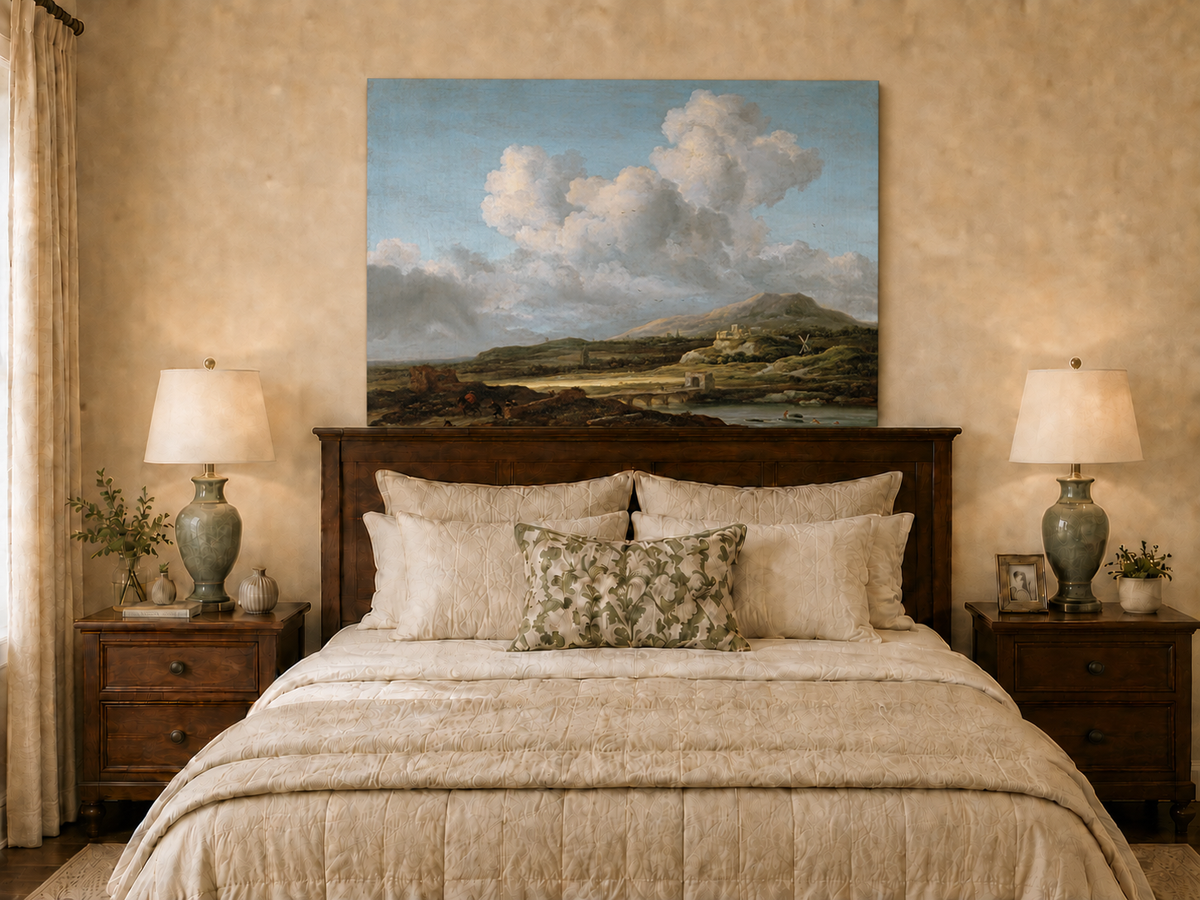 Landscape Oil Painting - River Valley Mountains & Cloudy Sky