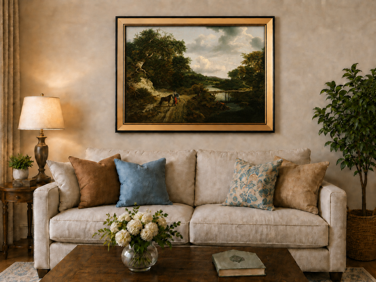 Landscape Oil Painting - River with Bridge, Figures & Horses